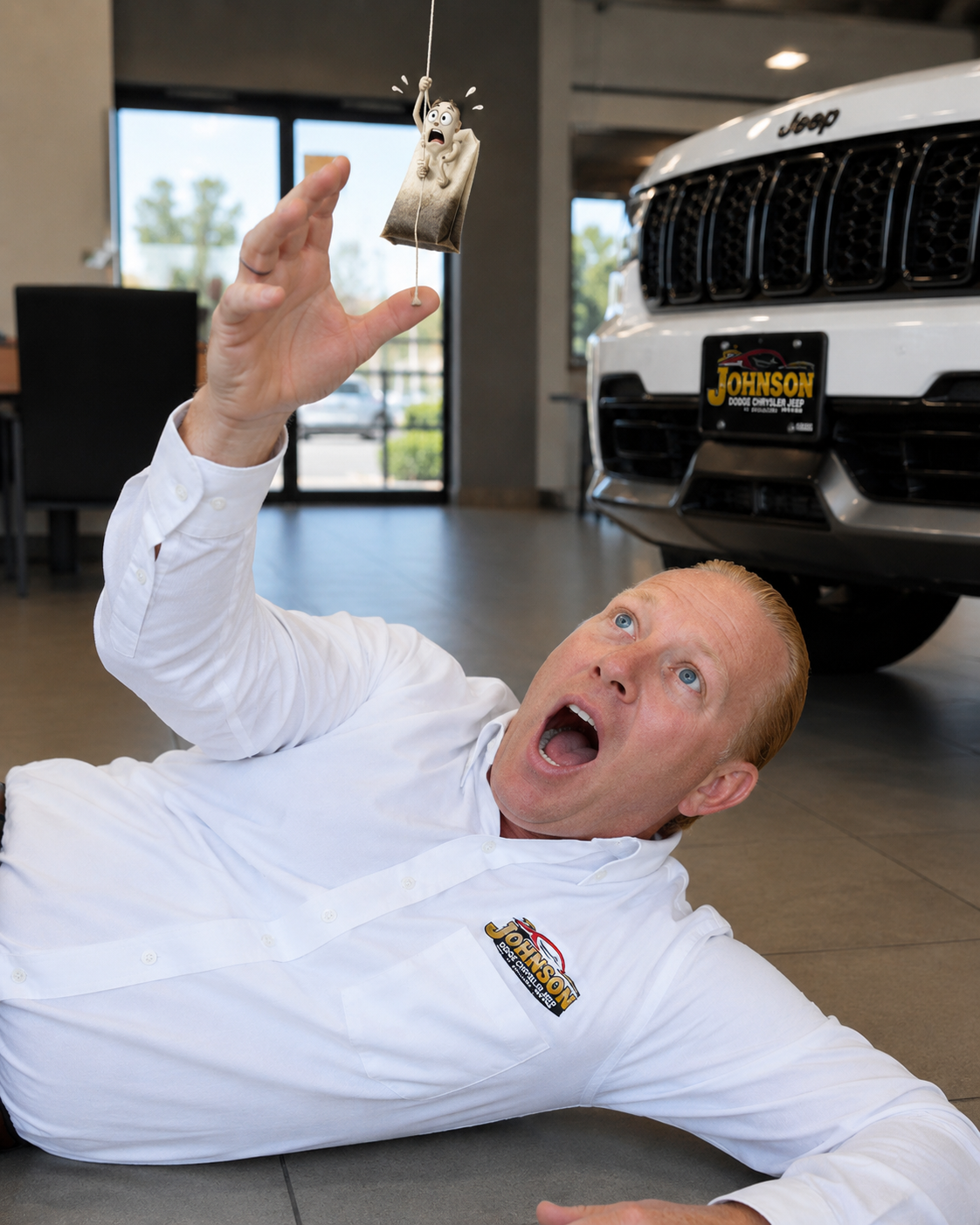 A man reacting dramatically beside a Jeep at a dealership