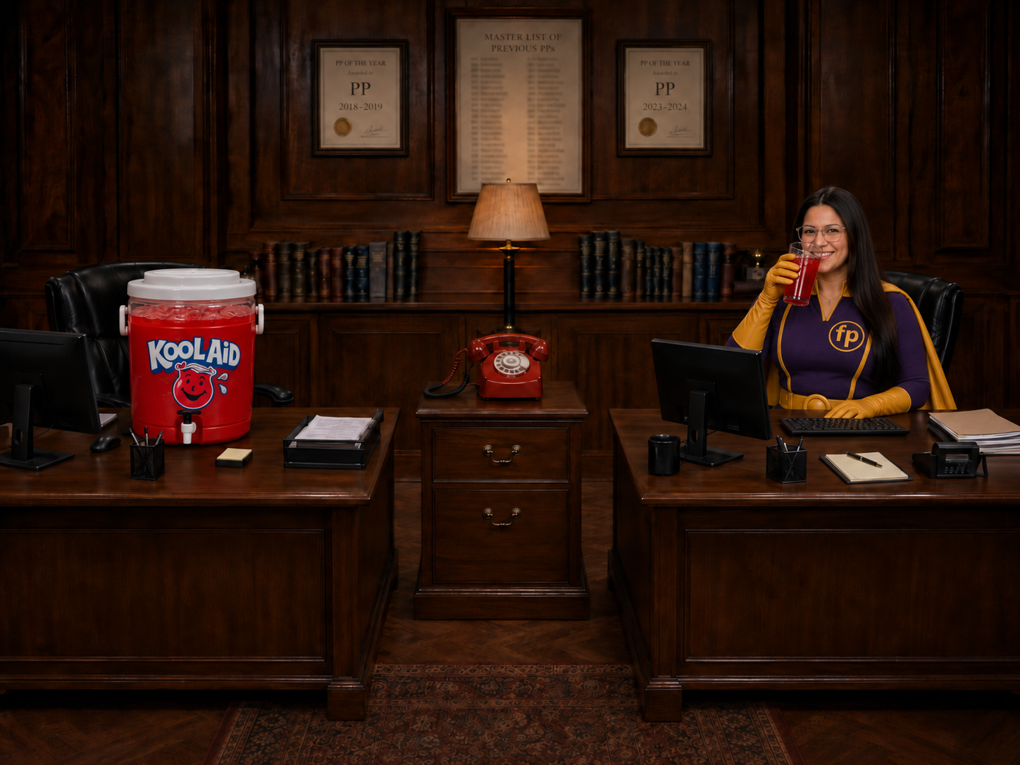 Person seated in a wood-paneled office beside a Kool-Aid dispenser
