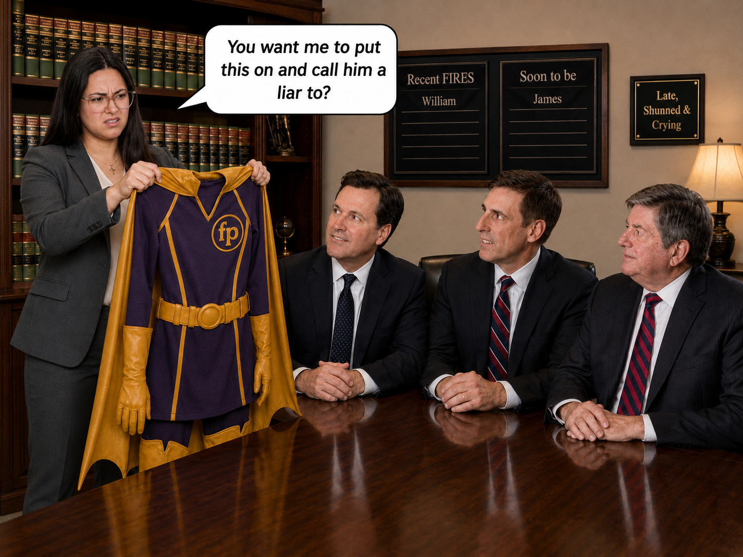 Lawyer holding Pandos superhero costume asking if she has to put it on and call him a liar