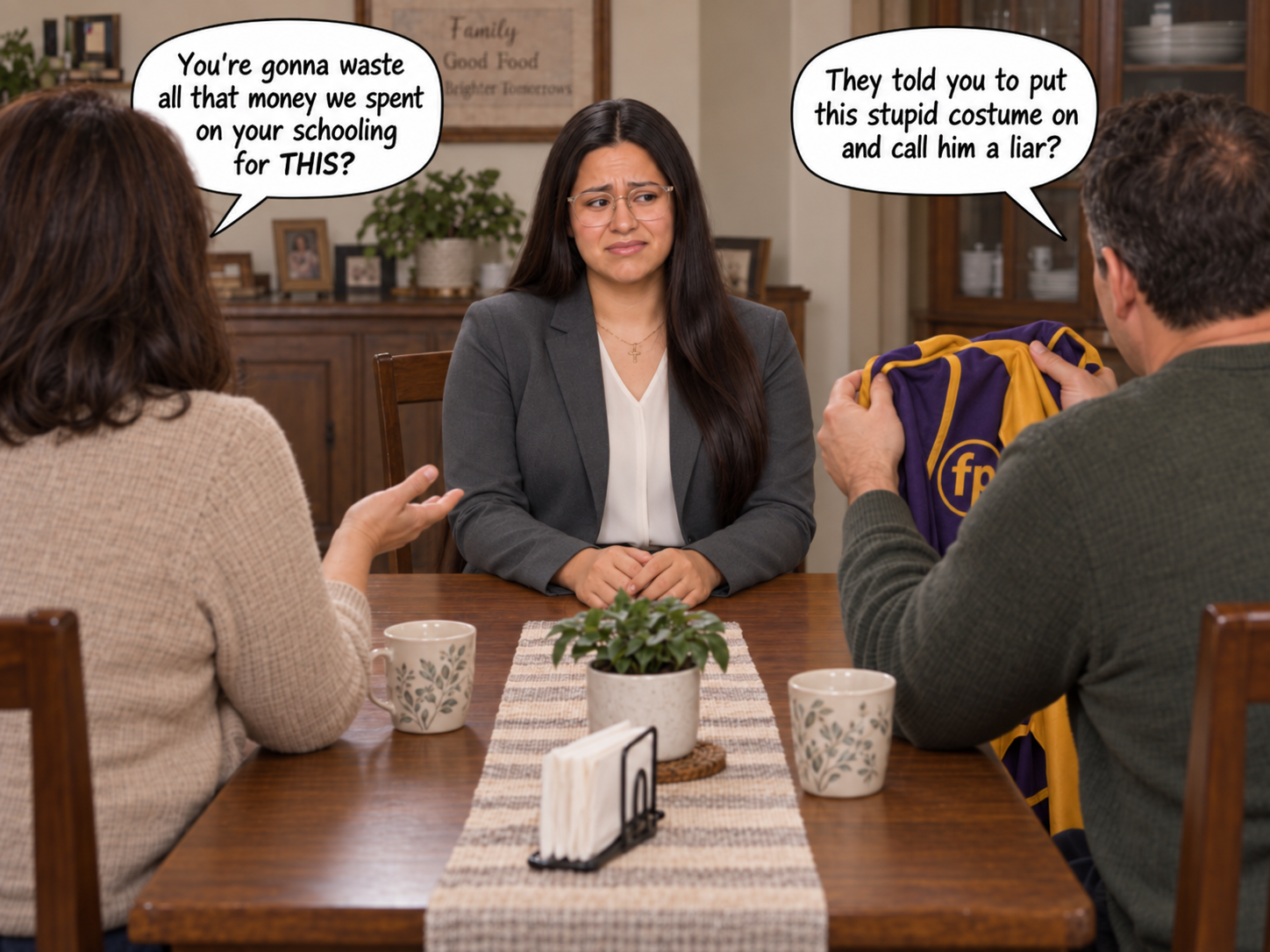 Family seated at a dining table with a woman in a suit and comic-style speech bubbles