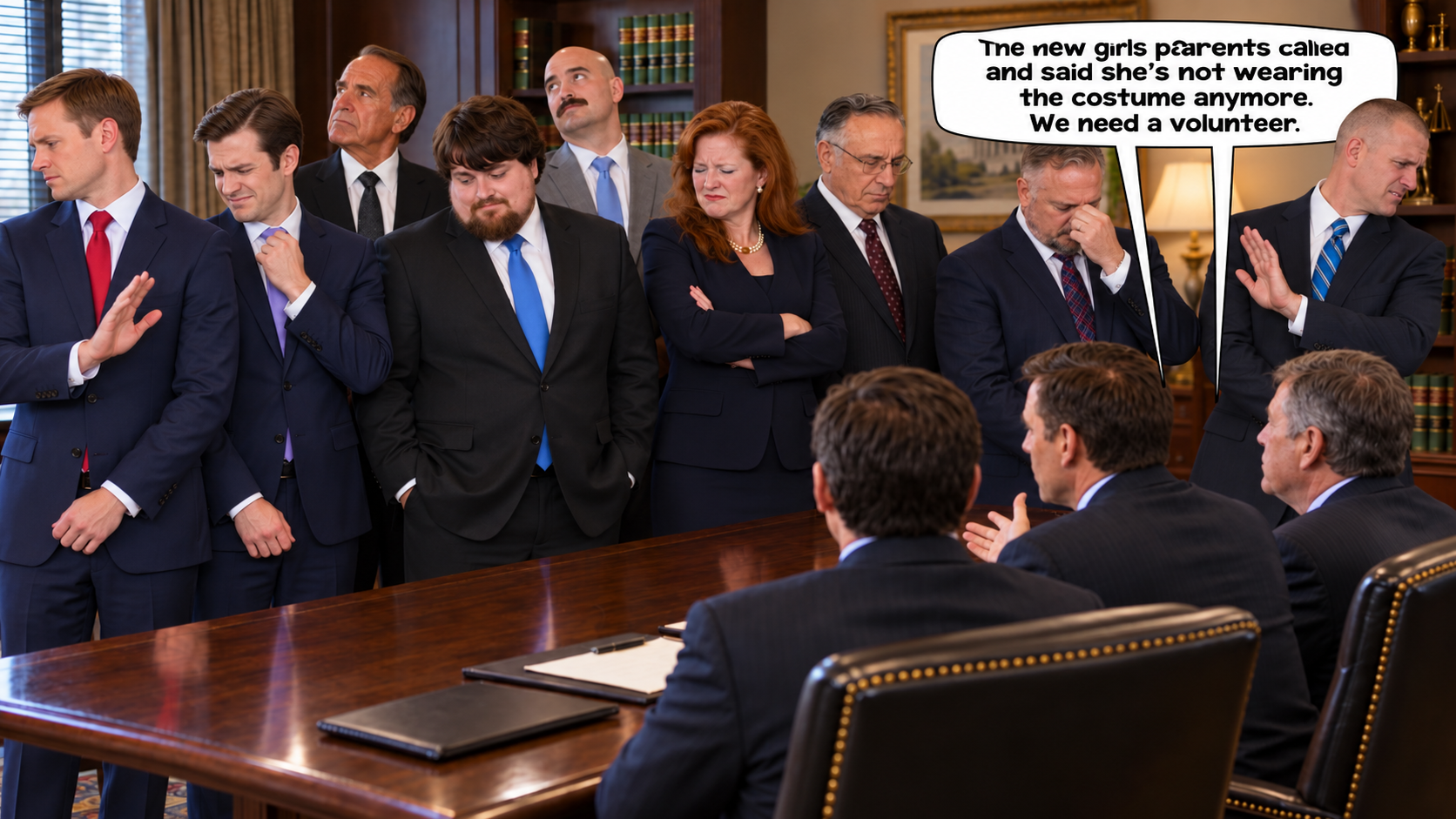 Office meeting scene with people standing behind a conference table and a speech bubble