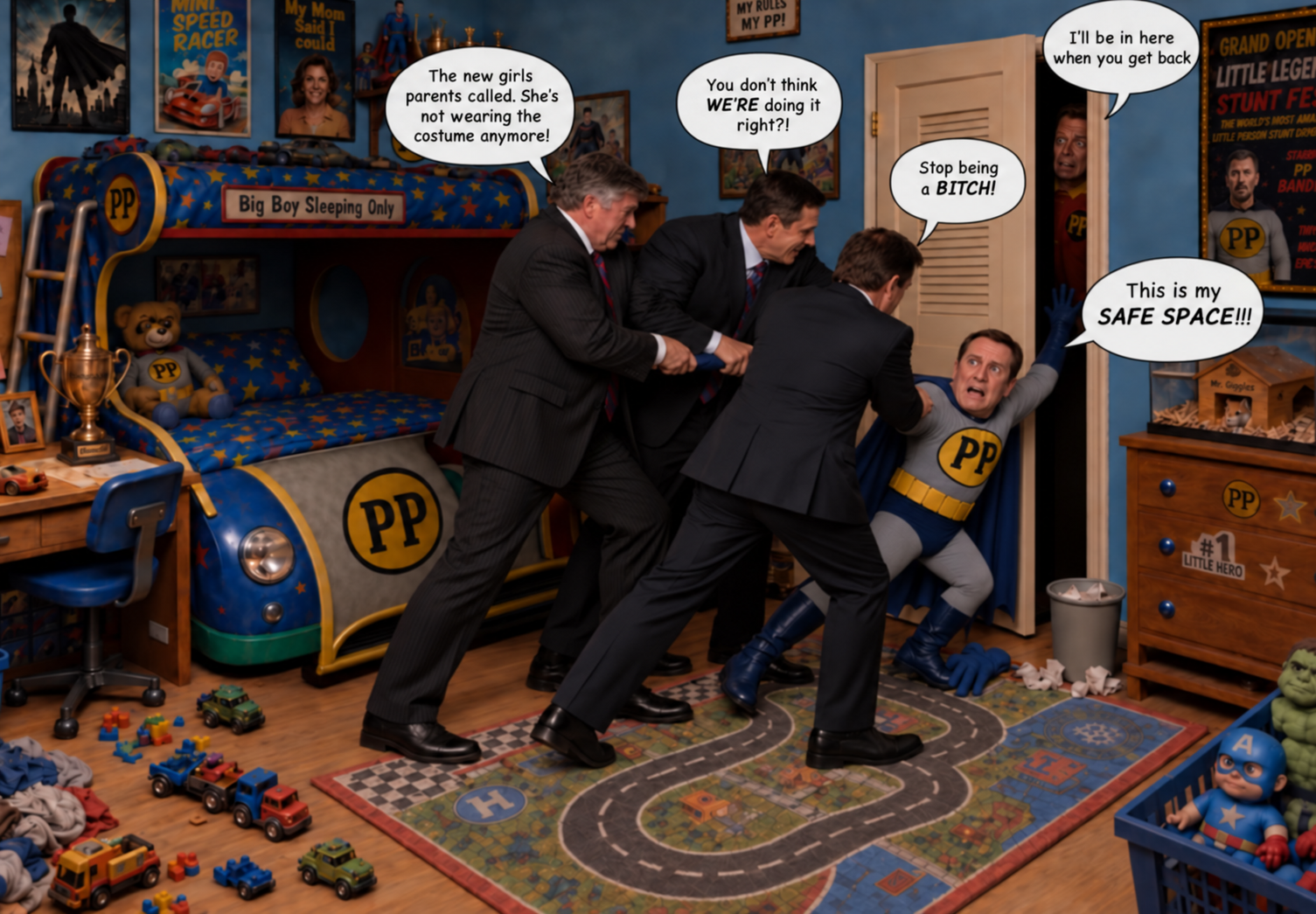 Illustrated superhero-themed bedroom scene with comic-style speech bubbles and characters near a closet