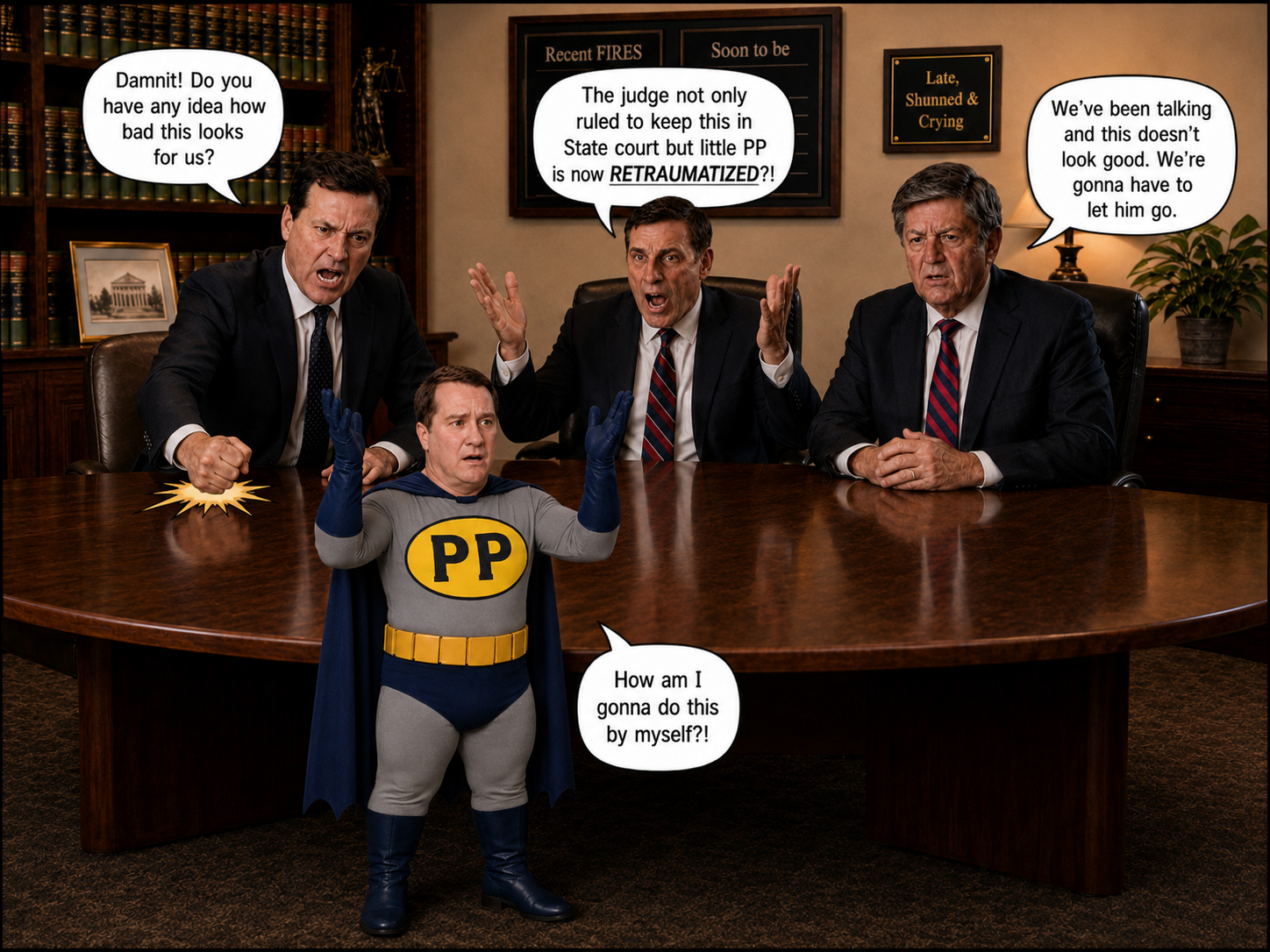 Lawyers in conference room with PP superhero — Mosc can't handle it himself