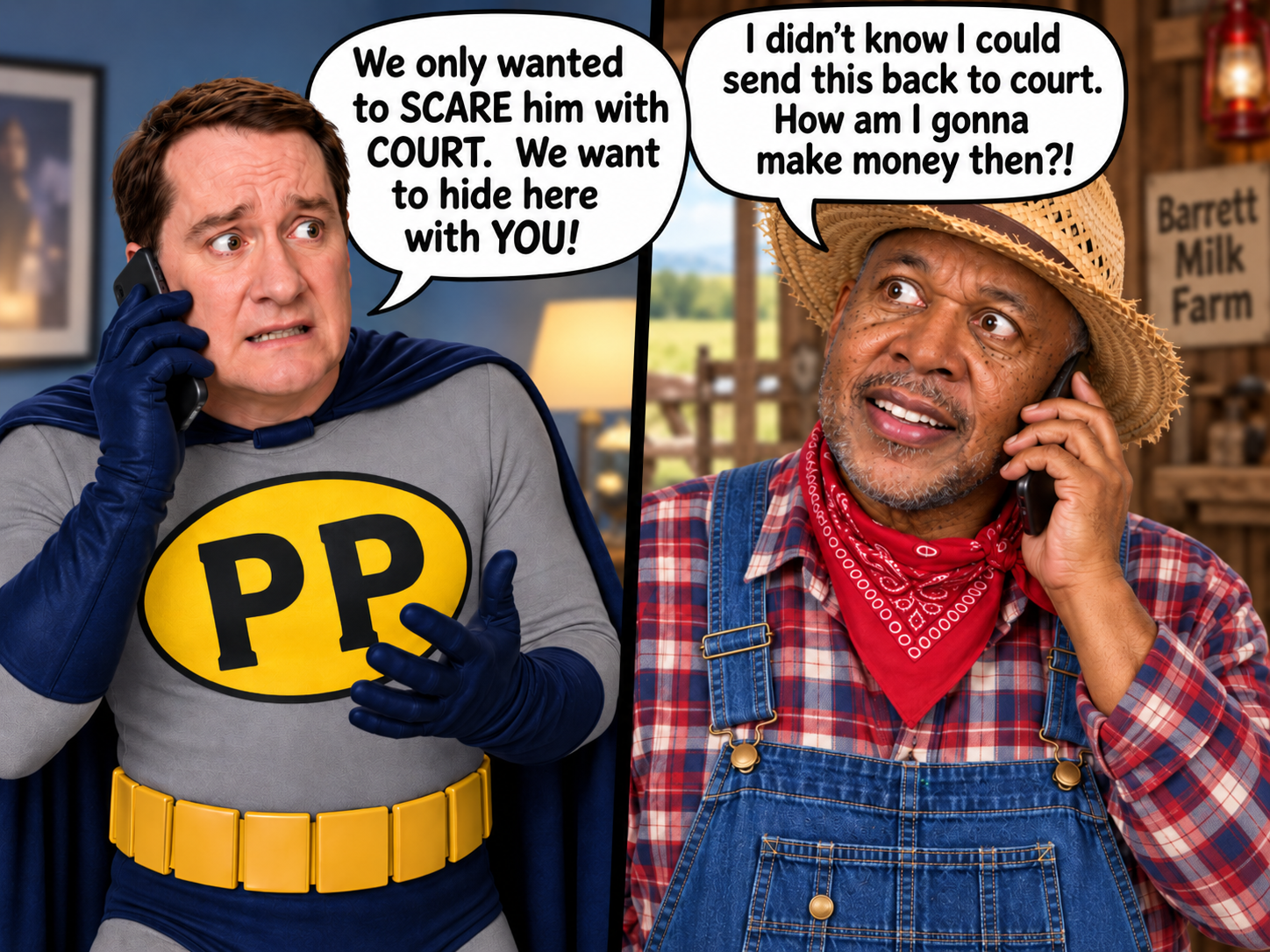 Illustrated scene featuring Mosc and Barrett