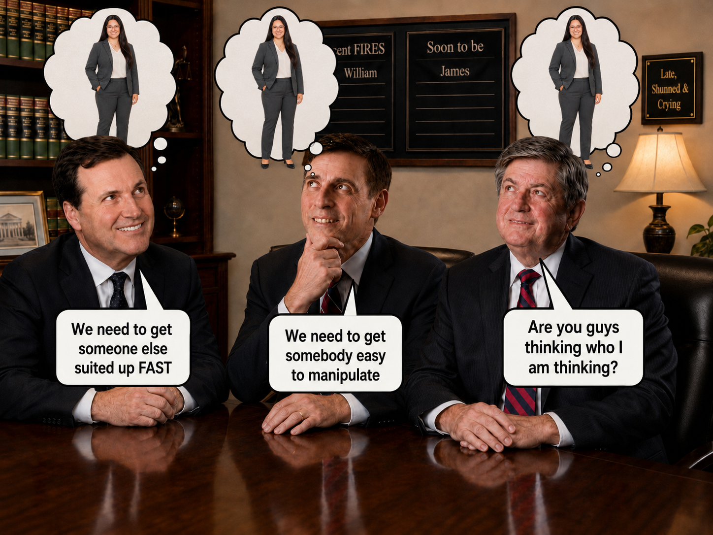 Three lawyers thinking about who to manipulate next